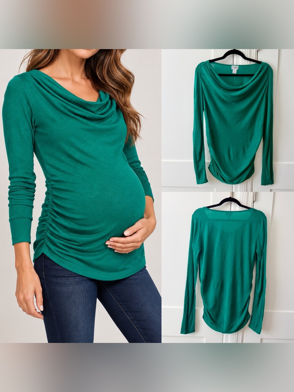 Motherhood Maternity Cowl Neck Ruched Sweater Green Sz M